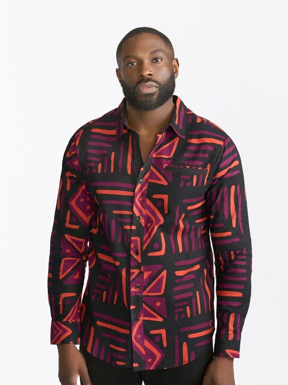 Men's Black Geometric Print Long-Sleeve Button-Down Shirt